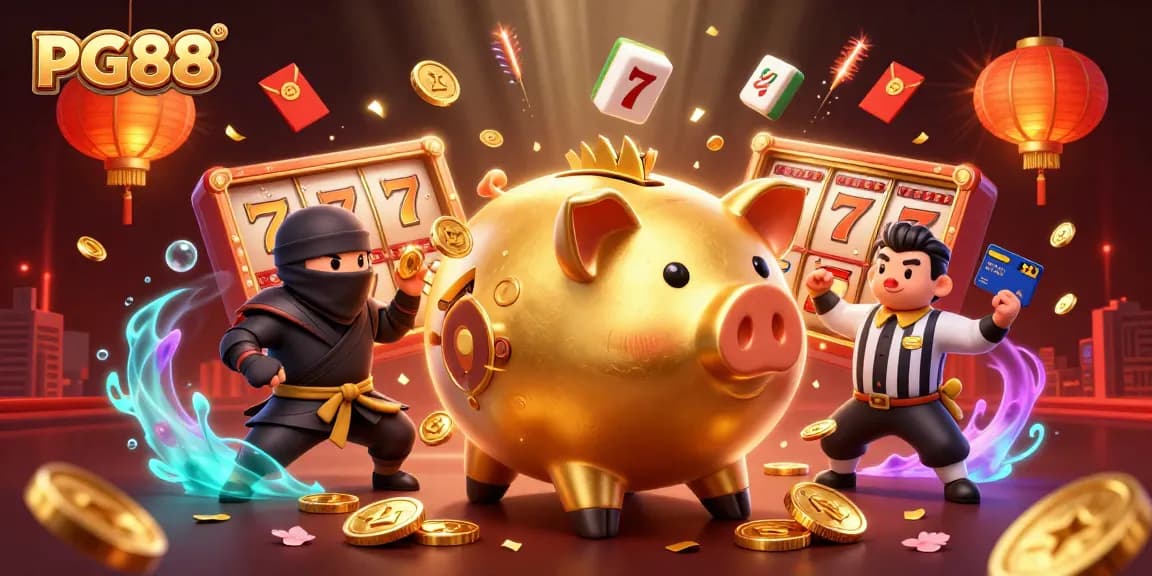 PG88's golden piggy bank sumo wrestler shakes coins amidst a vibrant casino scene.