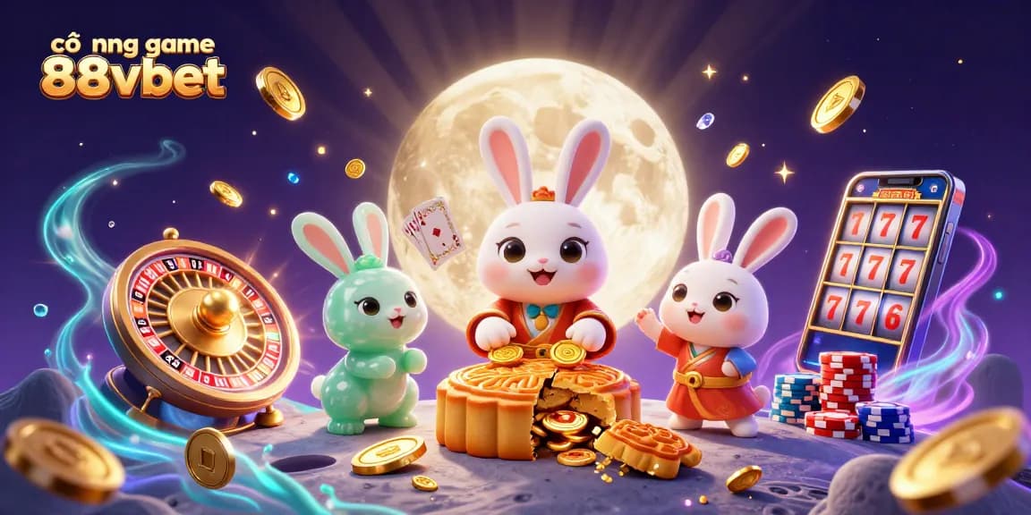 Cổng game 88vbet mang đến không khí và phần thưởng hấp dẫn với hình ảnh những chú thỏ đang trang trí bánh trung thu và các biểu tượng trò chơi.