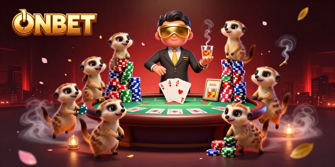 Experience thrilling casino fun at ONBET with meerkats running games and excitement in an illustrative scene.