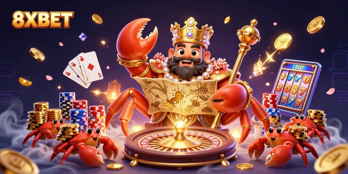 Win big at 8XBET with a thrilling casino scene featuring a golden crab emperor and dynamic game elements.