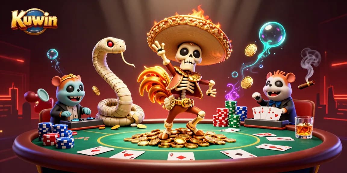 Kuwin showcases a vibrant 3D scene of a mariachi rooster, mummy snake, and zombie DJ in a casino setting.