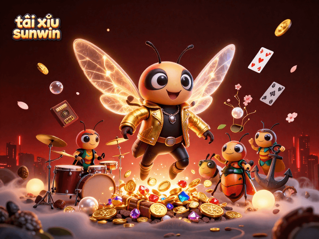 Engage in tài xỉu sunwin with a vibrant 3D cartoon depiction of a cicada rock star and treasure elements.