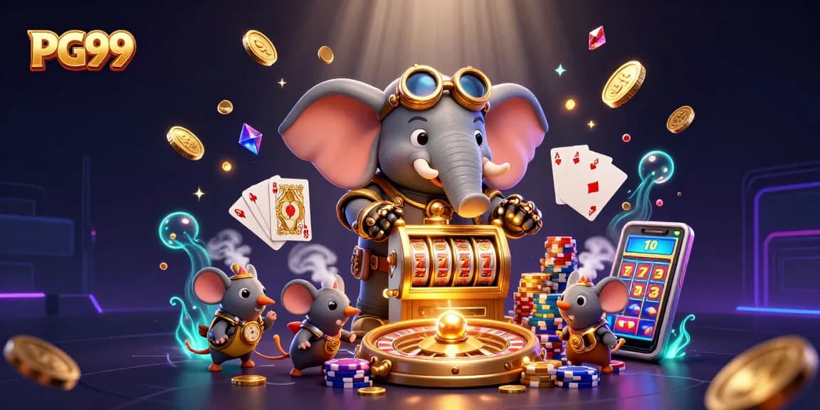 Spin and win with PG99 as the steampunk elephant operates a golden slot machine in an immersive casino scene.