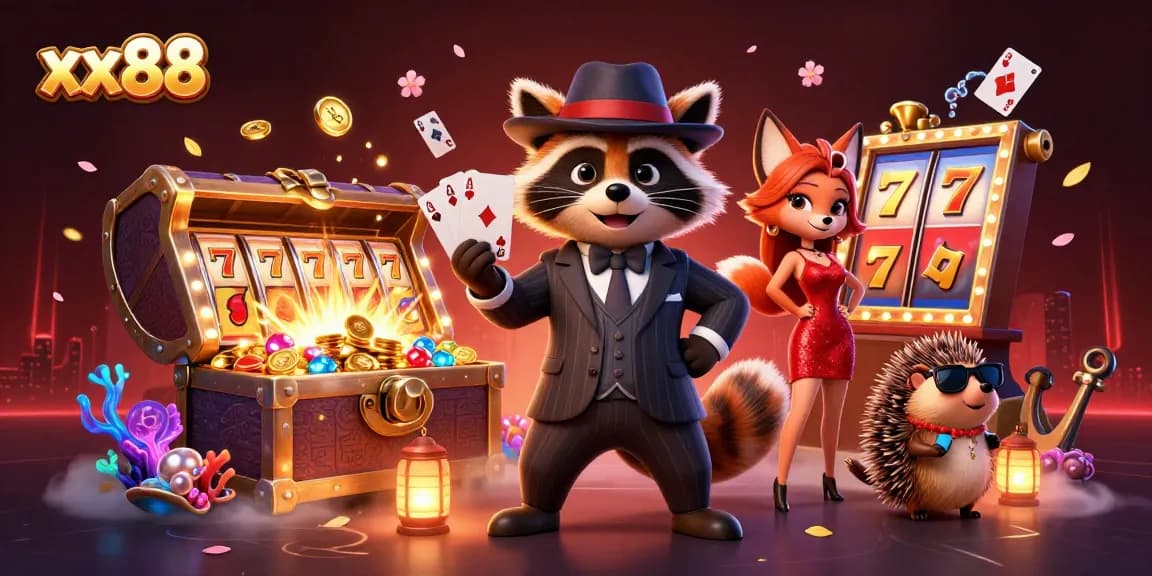 Experience top-tier gaming action at xx88 with rich visuals showcasing a raccoon in poker glory.