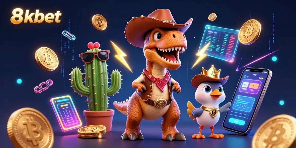 Engage with 8xbet's exciting gaming scene featuring characters, cryptocurrency, and a thrilling atmosphere.
