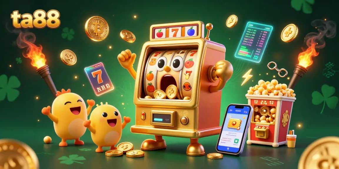 Experience ta88's excitement as a golden slot machine celebrates a jackpot with coins flying around.