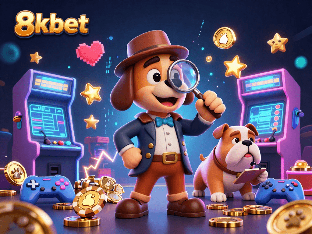 8xbet's exciting gaming scene with a detective and bulldog discovering poker clues in a vibrant casino