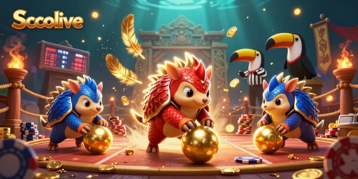 Socolive showcases rival pangolins competing in a vibrant gambling arena filled with golden details and dynamic elements.
