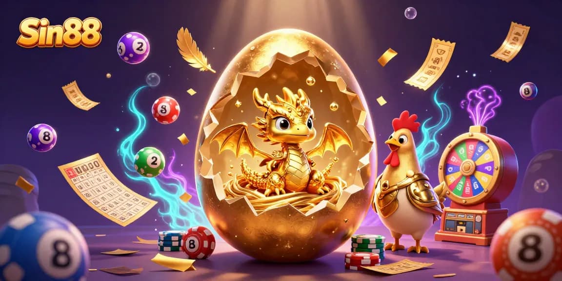 Play to win exciting prizes at Sin88 with 3D illustrations showcasing an enchanted golden dragon surrounded by lottery elements.