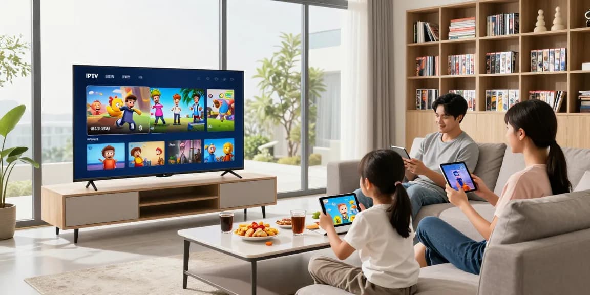 Familie genießt IPTV kaufen im modernen Wohnzimmer mit großen Fernseher.