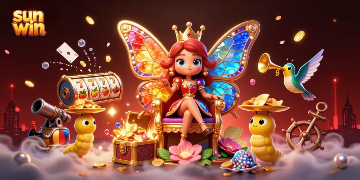 Win big with sun win casino's vibrant 3D illustration showcasing a butterfly queen and dynamic slots.
