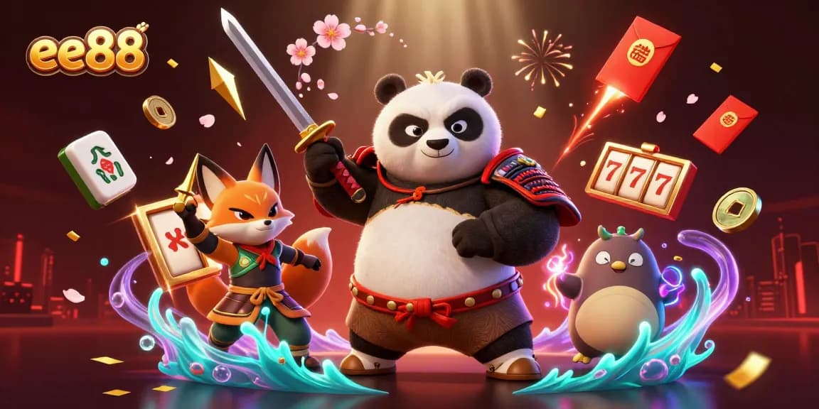 Experience the excitement of ee88 with our samurai panda and ninja fox in this vibrant casino scene.