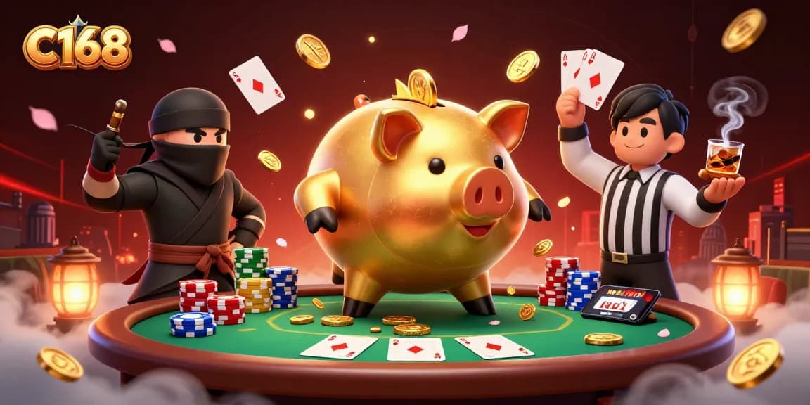 C168 casino features a golden piggy bank sumo wrestler surrounded by vibrant poker elements, highlighting elite gaming quality.