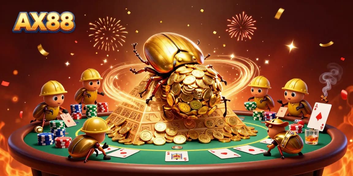 Experience the excitement of AX88 with a golden beetle rolling coins while poker elements surround a vibrant casino atmosphere.
