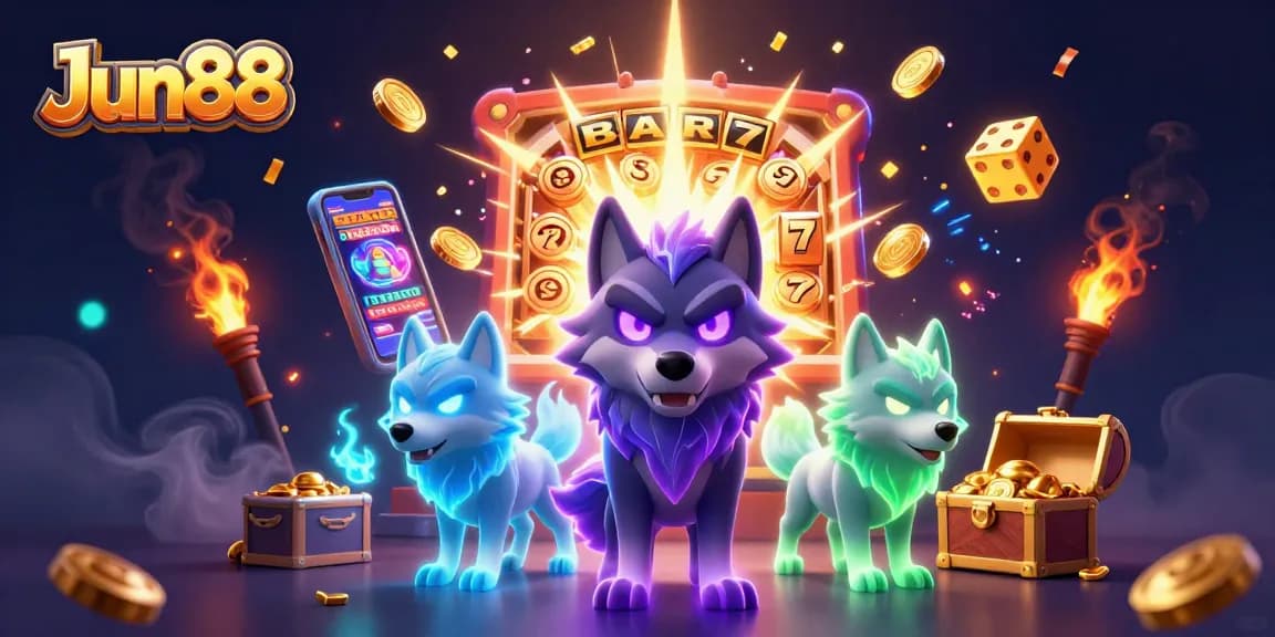 Experience the dynamic thrills of Jun88 with vibrant casino elements and engaging characters in this captivating illustration.