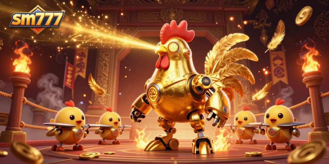 Experience thrilling gameplay at sm777 with a vibrant 3D casino scene featuring a golden rooster robot.
