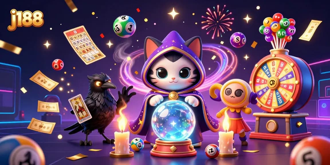 j188 fortune teller cat and raven create excitement with lottery elements in a dynamic casino scene.
