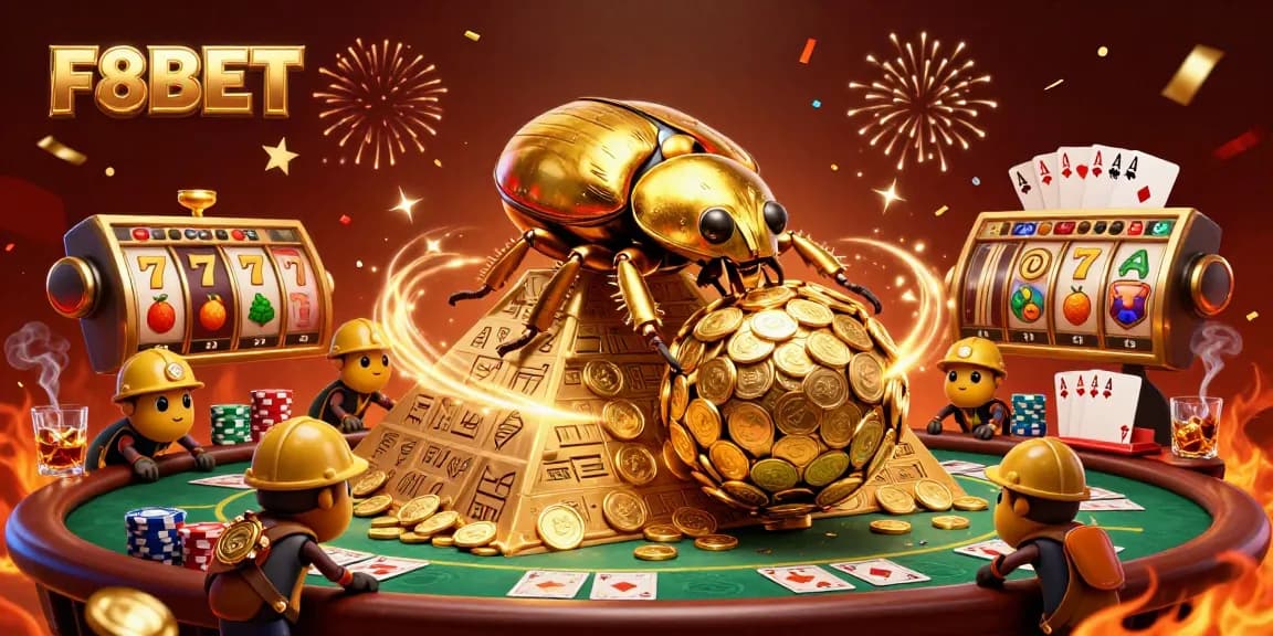 Experience thrilling F8BET gaming with vibrant illustrations of casino excitement, jackpots, and poker action.