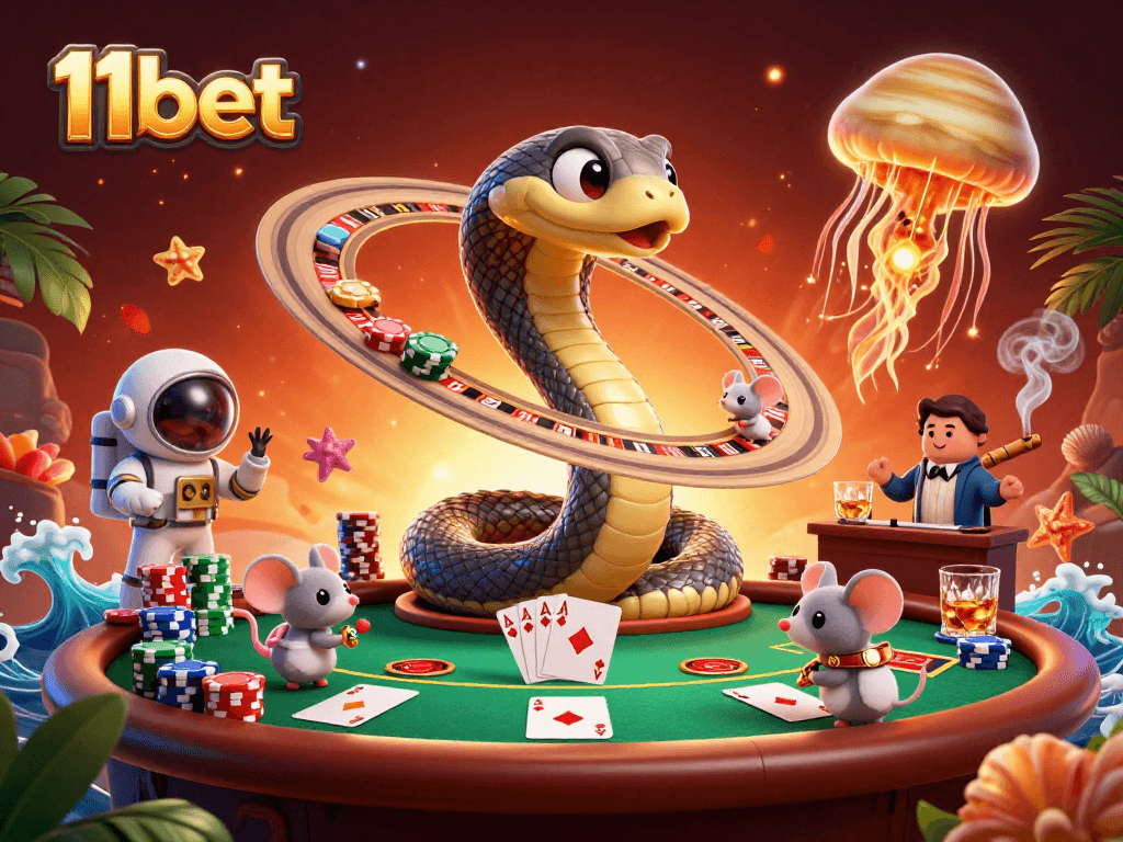 Experience thrilling betting action with 11bet's vibrant cosmic casino scene filled with fun characters.