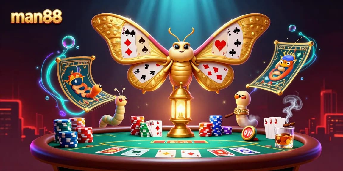 Experience the vibrant casino atmosphere with man88, showcasing poker tables and colorful chips.
