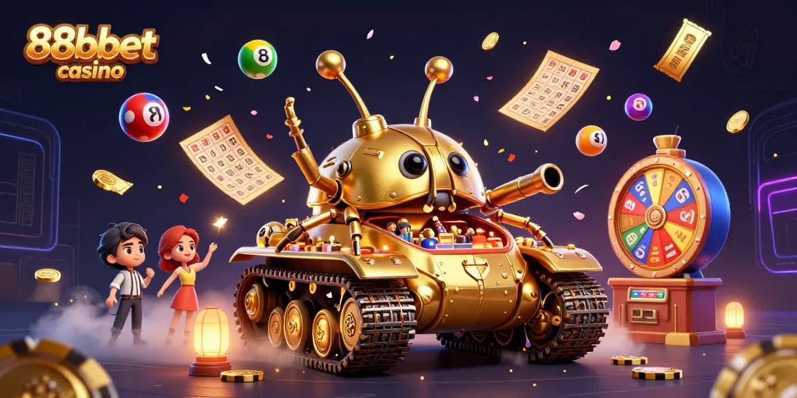 Experience the excitement of 88bbet casino with a dynamic illustration showcasing a golden beetle tank revealing a mini casino.