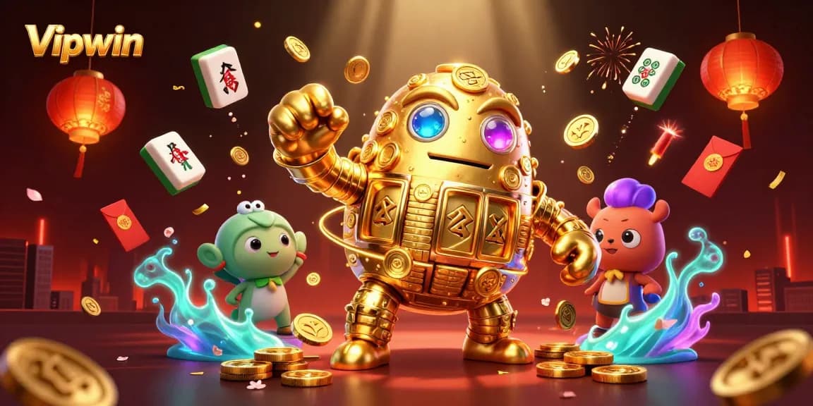 Experience thrilling gameplay and chances to win big with Vipwin, featuring a golden golem and festive casino elements.