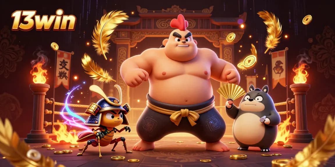 Experience the excitement of 13win with a dynamic illustration of a sumo wrestler, samurai cricket, and tanuki announcer.