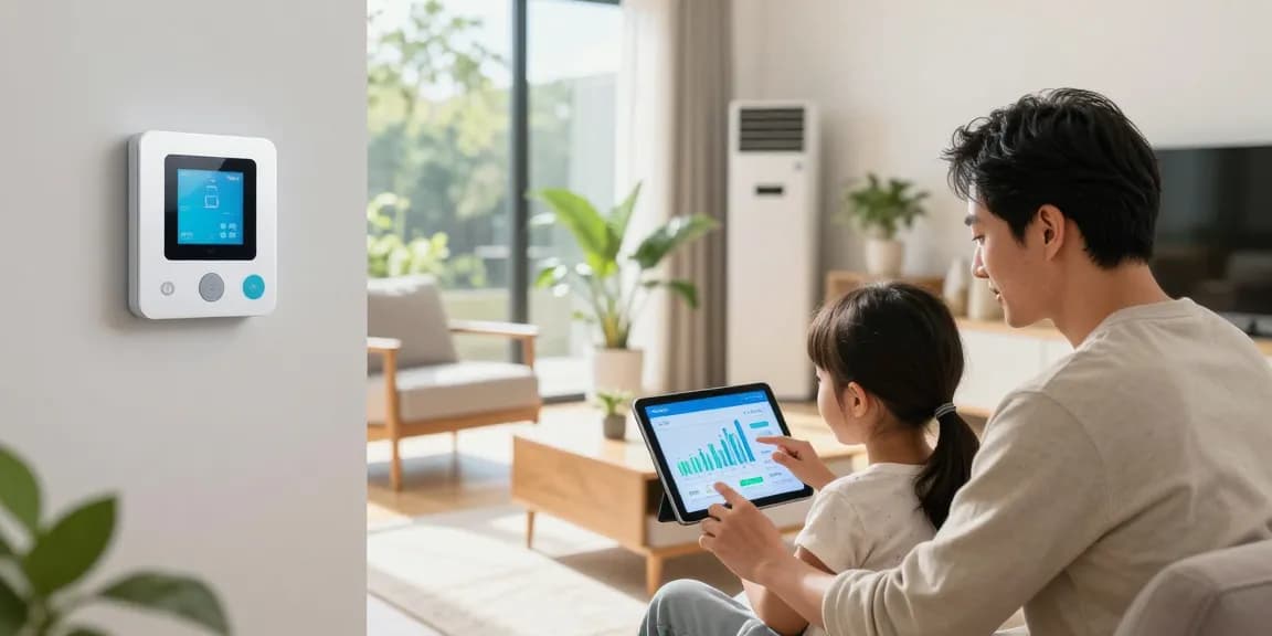 Die Familie überprüft ihren Smart Meter zur Energieeffizienz in einem modernen Wohnzimmer.