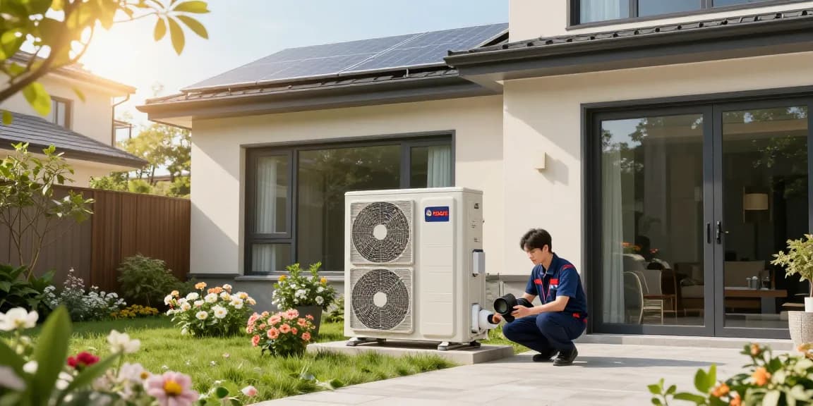 A Bosch heat pump installed in a modern home garden, showcasing energy efficiency and sustainable living.