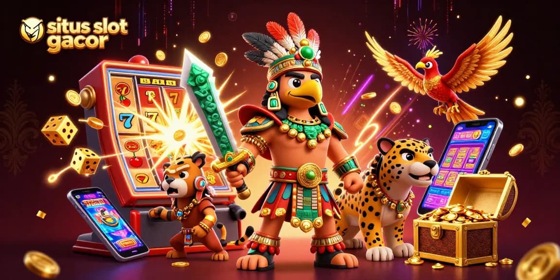 Engage with situs slot gacor where an Aztec eagle warrior and companions celebrate a vibrant jackpot win.