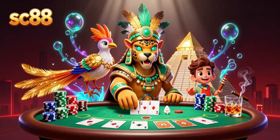 Experience thrilling poker action with sc88's vibrant 3D Mayan casino scene featuring iconic elements.