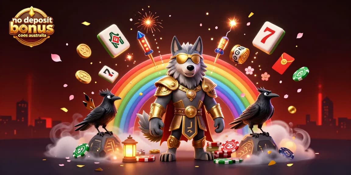 No deposit bonus codes for australia illustrated with 3D Odin wolf, ravens, slot reels, and Chinese elements.