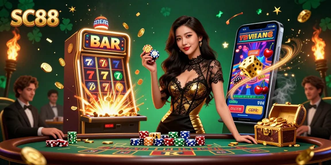 Win big at SC88 with a beautiful Asian woman confidently handling casino chips at a baccarat table.