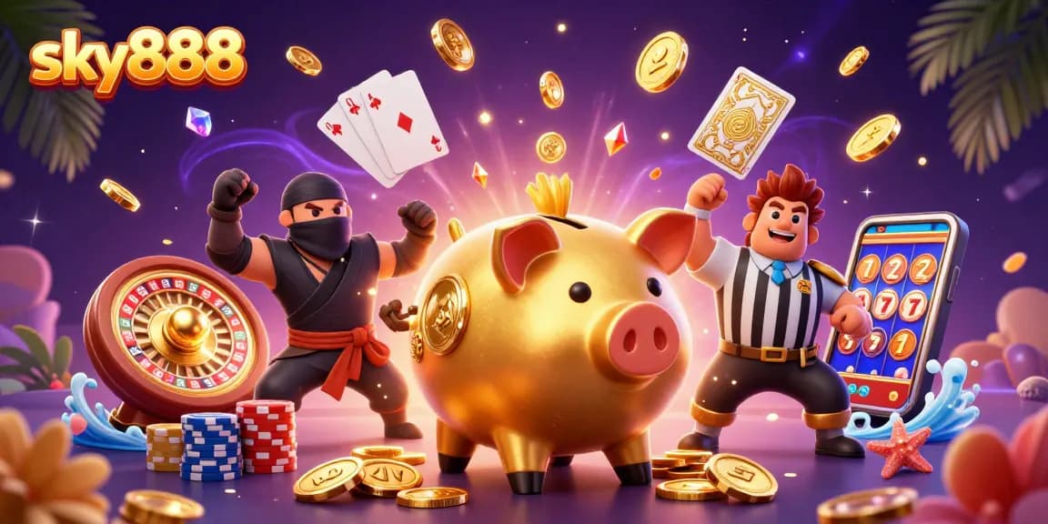 Experience sky888 action with a golden piggy bank sumo wrestler and thrilling casino elements.