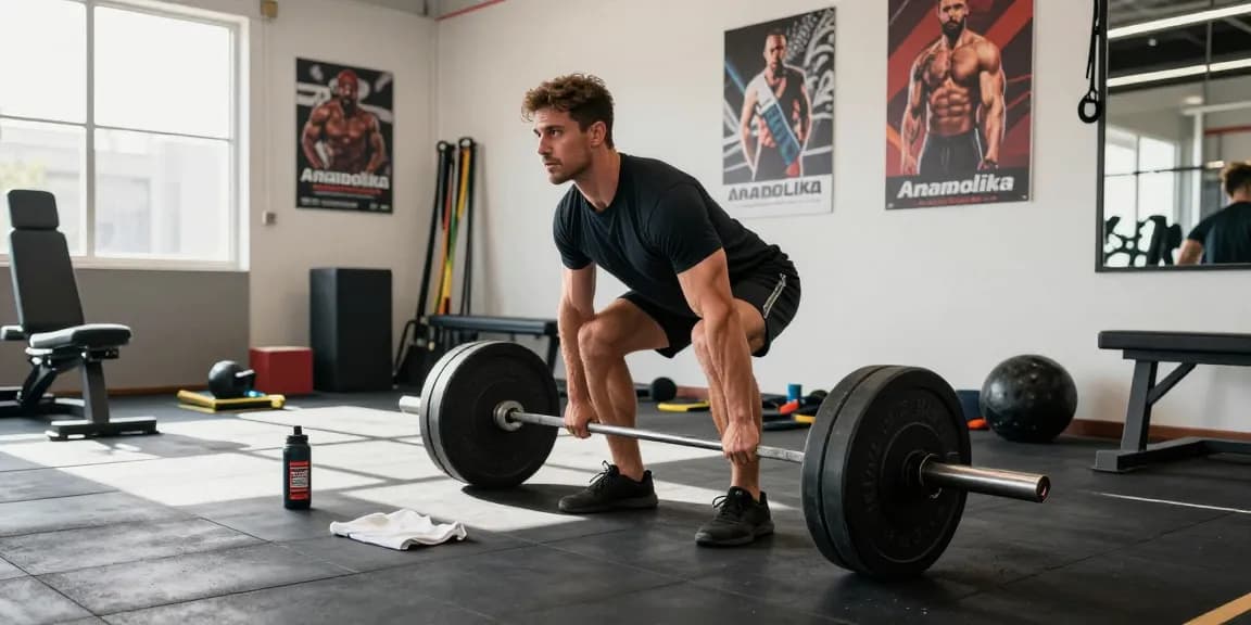Aktives Fitness-Training im Anabolika Shop mit Bodybuilder beim Deadlift.