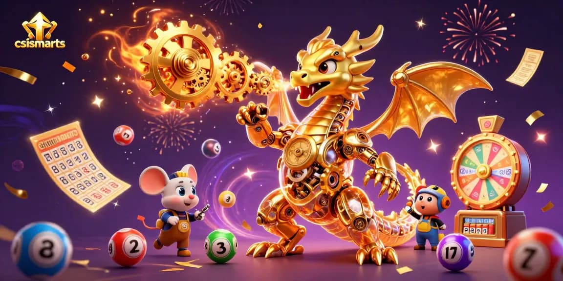 Experience the excitement of csismarts with vibrant lottery elements and a biomechanical dragon.