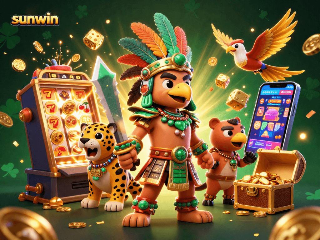 Experience the excitement of sunwin with a colorful 3D illustration showcasing dynamic casino elements and characters.