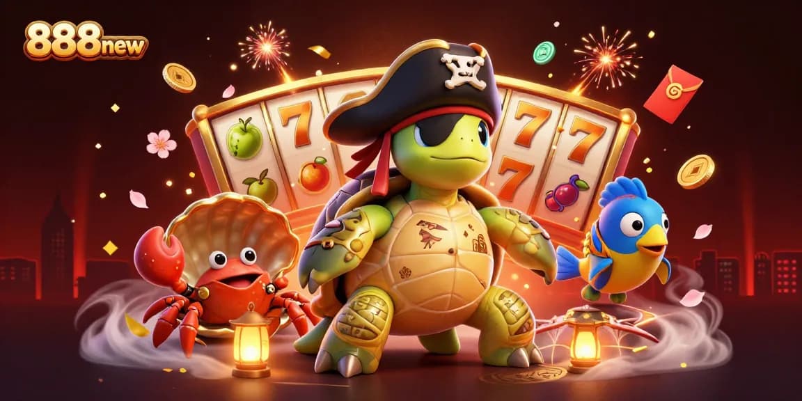 Engage with the vibrant world of 888new, featuring a pirate turtle and friends celebrating slots.