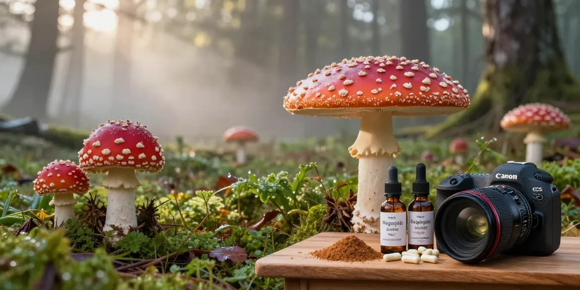 Lebhaftes Fliegenpilz Pulver, präsentiert neben Amanita muscaria Pilzen in einer üppigen Waldumgebung.