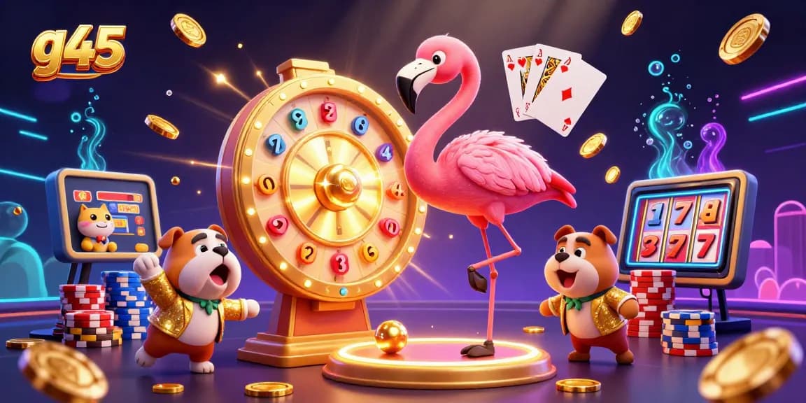 Spin to win at g45 with vibrant casino elements and characters in an exciting game show scene.