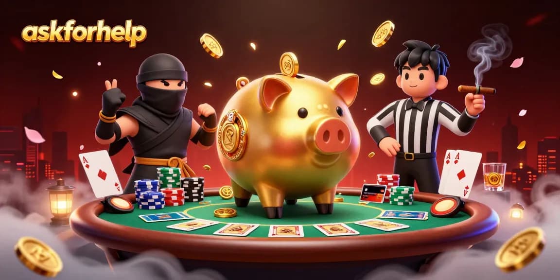 Engage in poker strategies with askforhelp featuring a dynamic scene of a piggy bank sumo wrestler, ninja, and referee amidst casino elements.