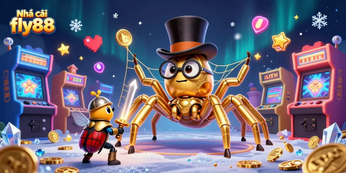 Nhà cái fly88 illustration showcasing a giant golden tarantula weaving threads among casino pillars while a beetle knight approaches.