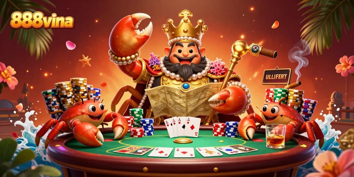 Engage in thrilling poker games at 888vina, featuring a golden crab emperor amidst a vibrant casino setting.