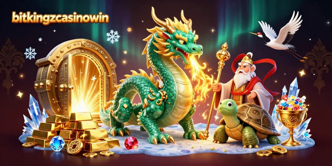 bitkingzcasinowin bietet eine fesselnde Casino-Erfahrung mit einem Drachen und Glücksspiel-Symbolen.