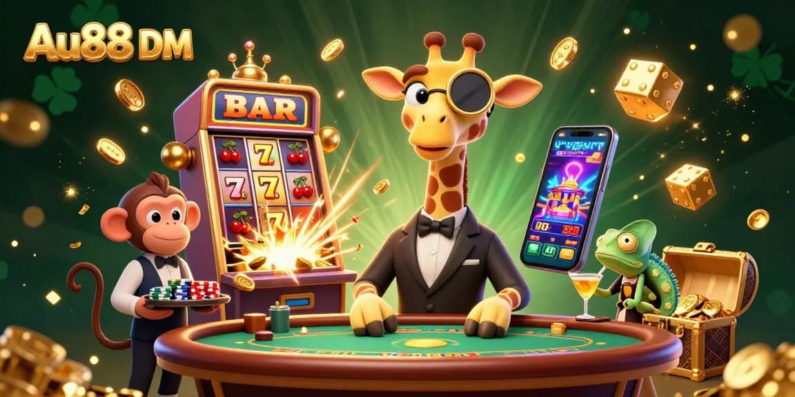 Join the excitement at Au88 DM with a vibrant casino scene showcasing high-roller giraffe, monkey valet, and chameleon bartender.