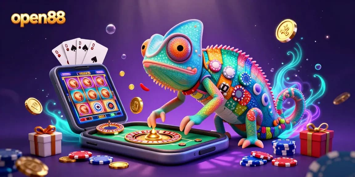 Experience thrilling gameplay at open88 with chameleon casino elements and shining golden coins.