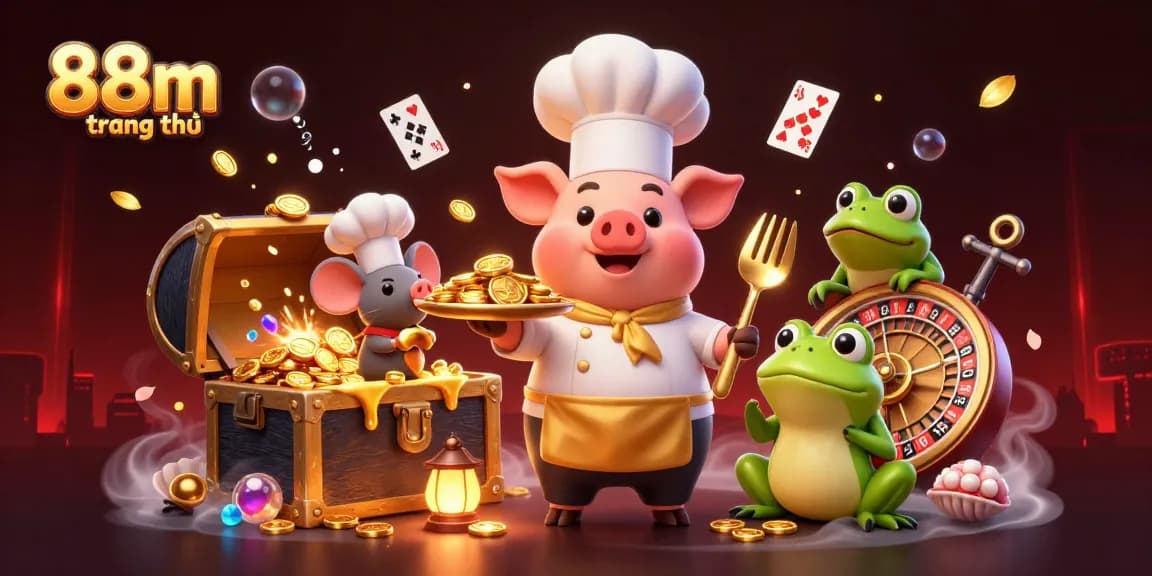 Experience thrilling wins at 88m trang chủ with chefs serving golden coins in a vibrant casino.