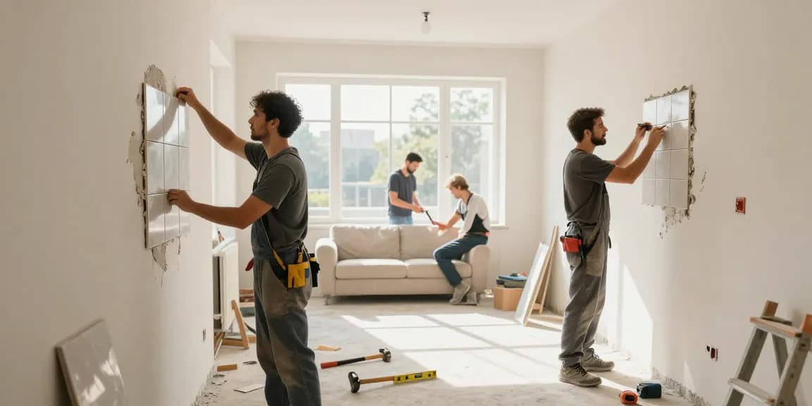 Renovierung und Sanierung eines Wohnraums mit Handwerkern bei der Arbeit