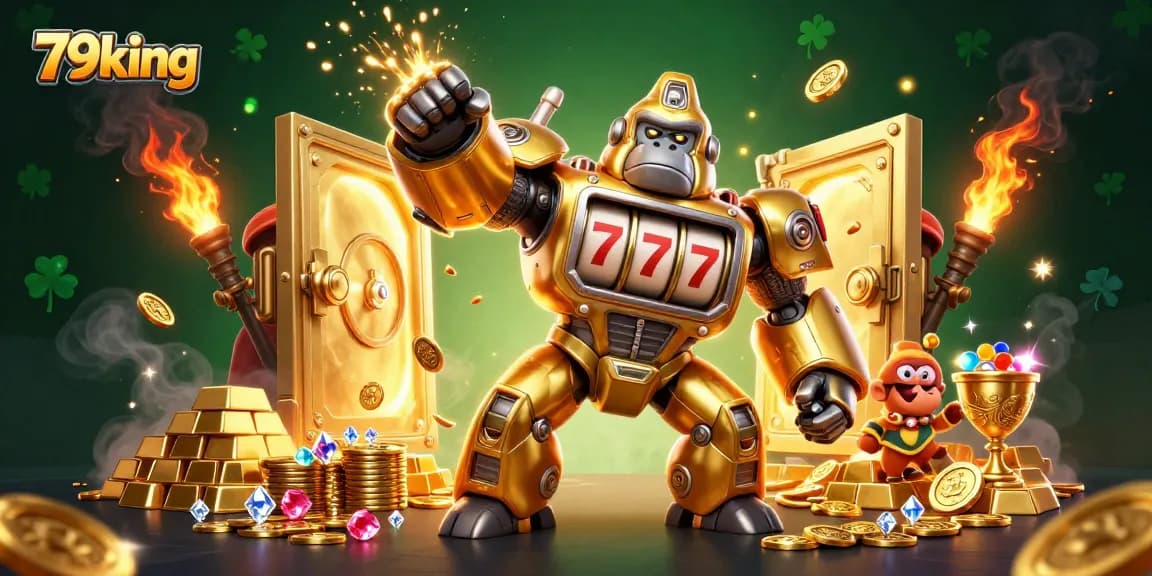 Experience winning with 79king's golden gorilla mech, surrounded by treasure and excitement.