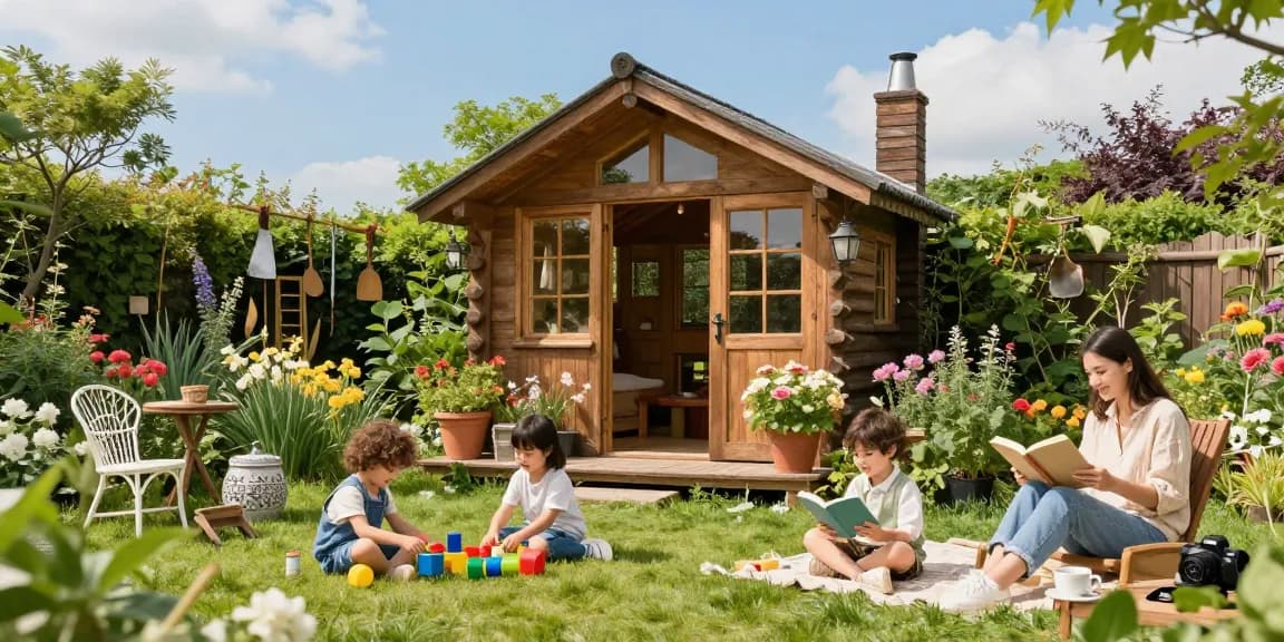 Wunderschönes Gartenhaus umgeben von blühenden Pflanzen und einer Familie, die den sonnigen Tag genießt.